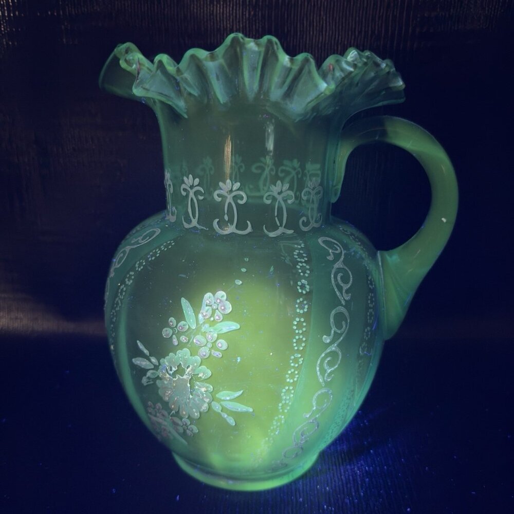 Antique Victorian Glass Pitcher Blue Enameled Crimped Rim Manganese 365nm Glow